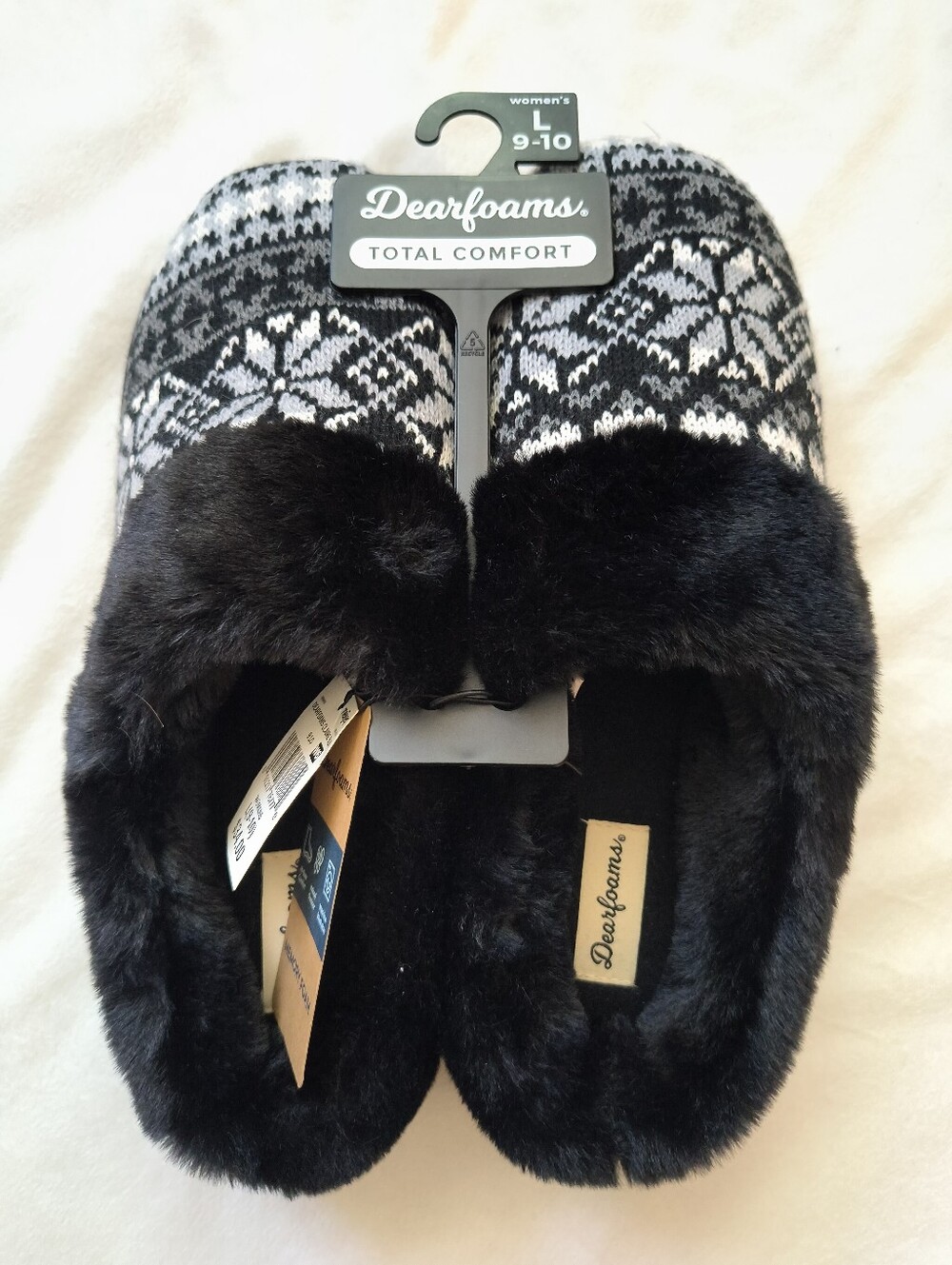 NWT Dearfoams Memory Foam Black & White Slipper. || Women's L (9-10)